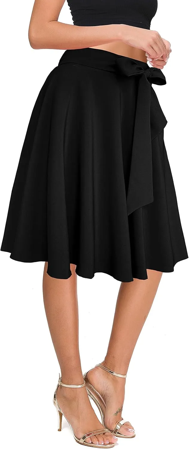 Afibi Womens Vintage High Waist A-Line Skater Skirt Flared Midi Skirt with Pockets
