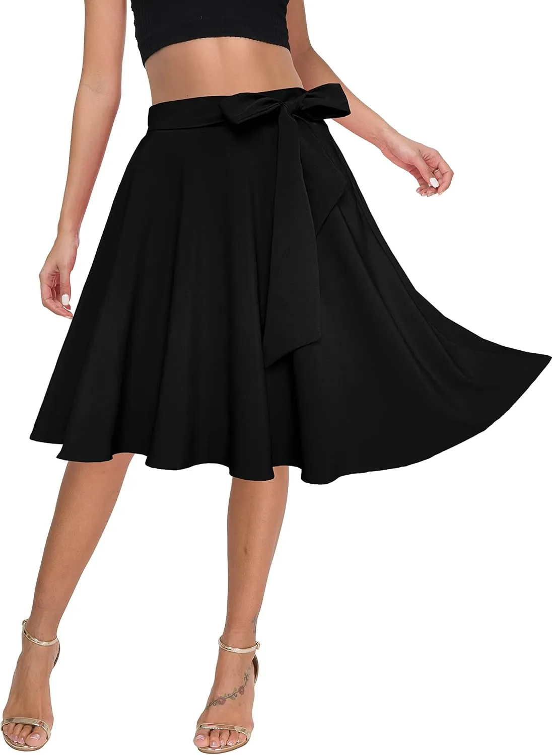 Afibi Womens Vintage High Waist A-Line Skater Skirt Flared Midi Skirt with Pockets