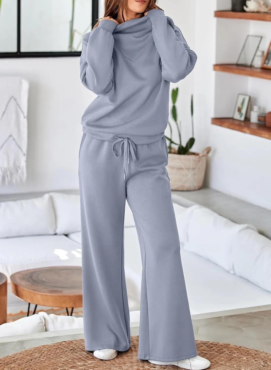 Aleumdr Women's 2 Piece Outfits Lounge Set Mock Neck Long Sleeve Sweatshirt With Wide Leg Pants Sweatsuit Fall 2025
