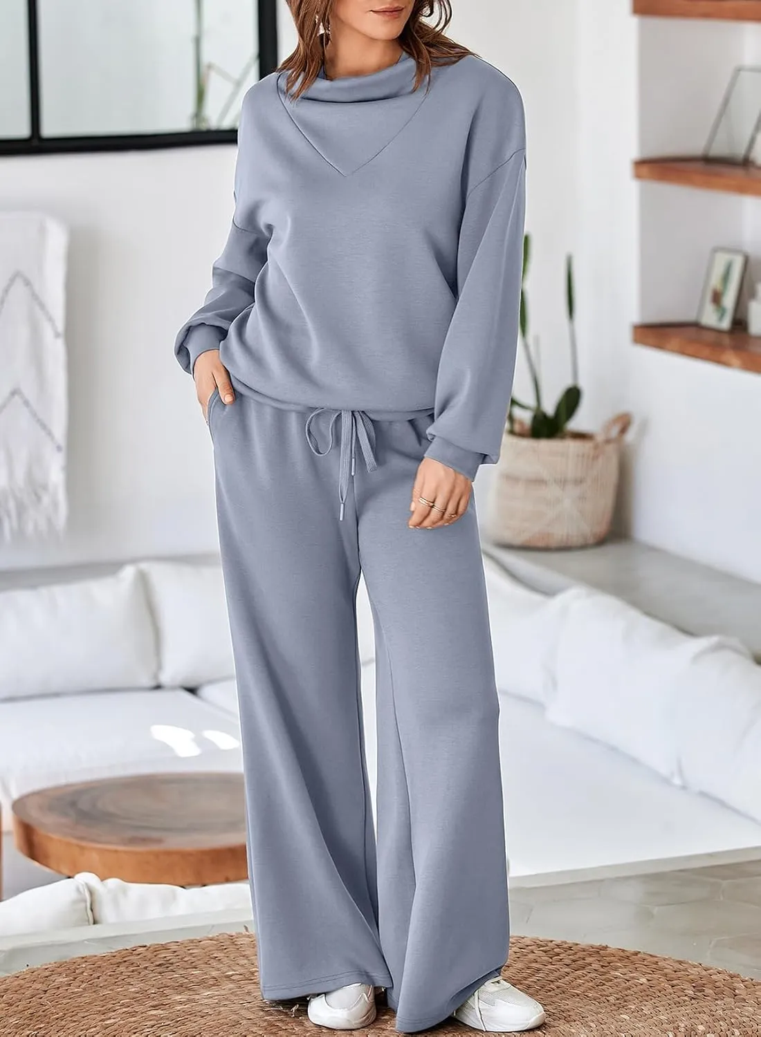 Aleumdr Women's 2 Piece Outfits Lounge Set Mock Neck Long Sleeve Sweatshirt With Wide Leg Pants Sweatsuit Fall 2025