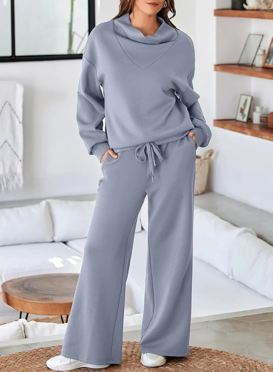 Aleumdr Women's 2 Piece Outfits Lounge Set Mock Neck Long Sleeve Sweatshirt With Wide Leg Pants Sweatsuit Fall 2025