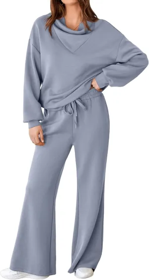 Aleumdr Women's 2 Piece Outfits Lounge Set Mock Neck Long Sleeve Sweatshirt With Wide Leg Pants Sweatsuit Fall 2025