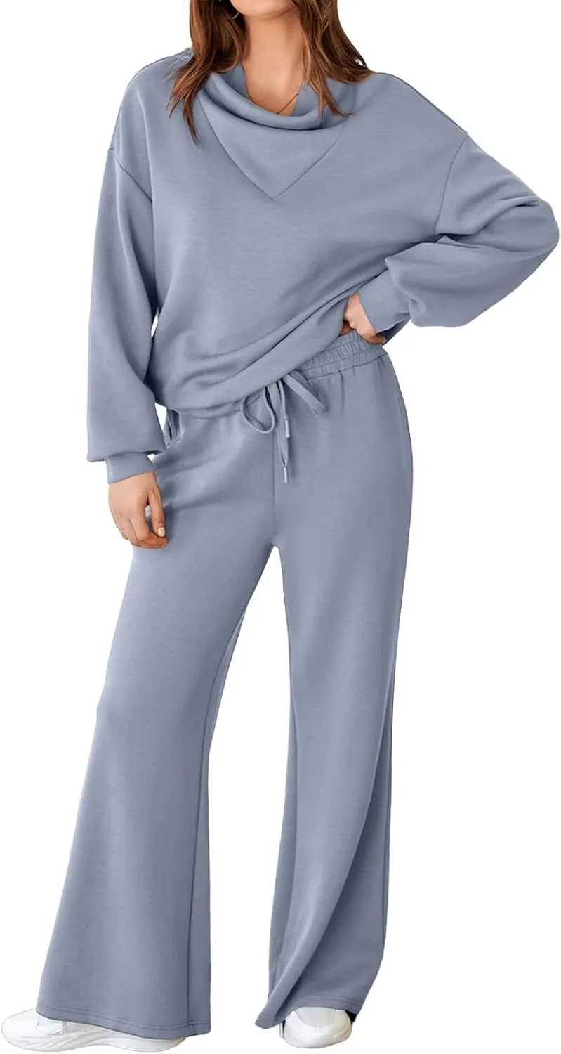 Aleumdr Women's 2 Piece Outfits Lounge Set Mock Neck Long Sleeve Sweatshirt With Wide Leg Pants Sweatsuit Fall 2025