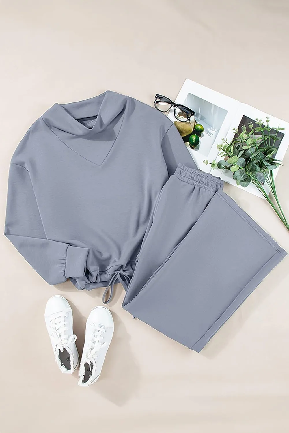 Aleumdr Women's 2 Piece Outfits Lounge Set Mock Neck Long Sleeve Sweatshirt With Wide Leg Pants Sweatsuit Fall 2025