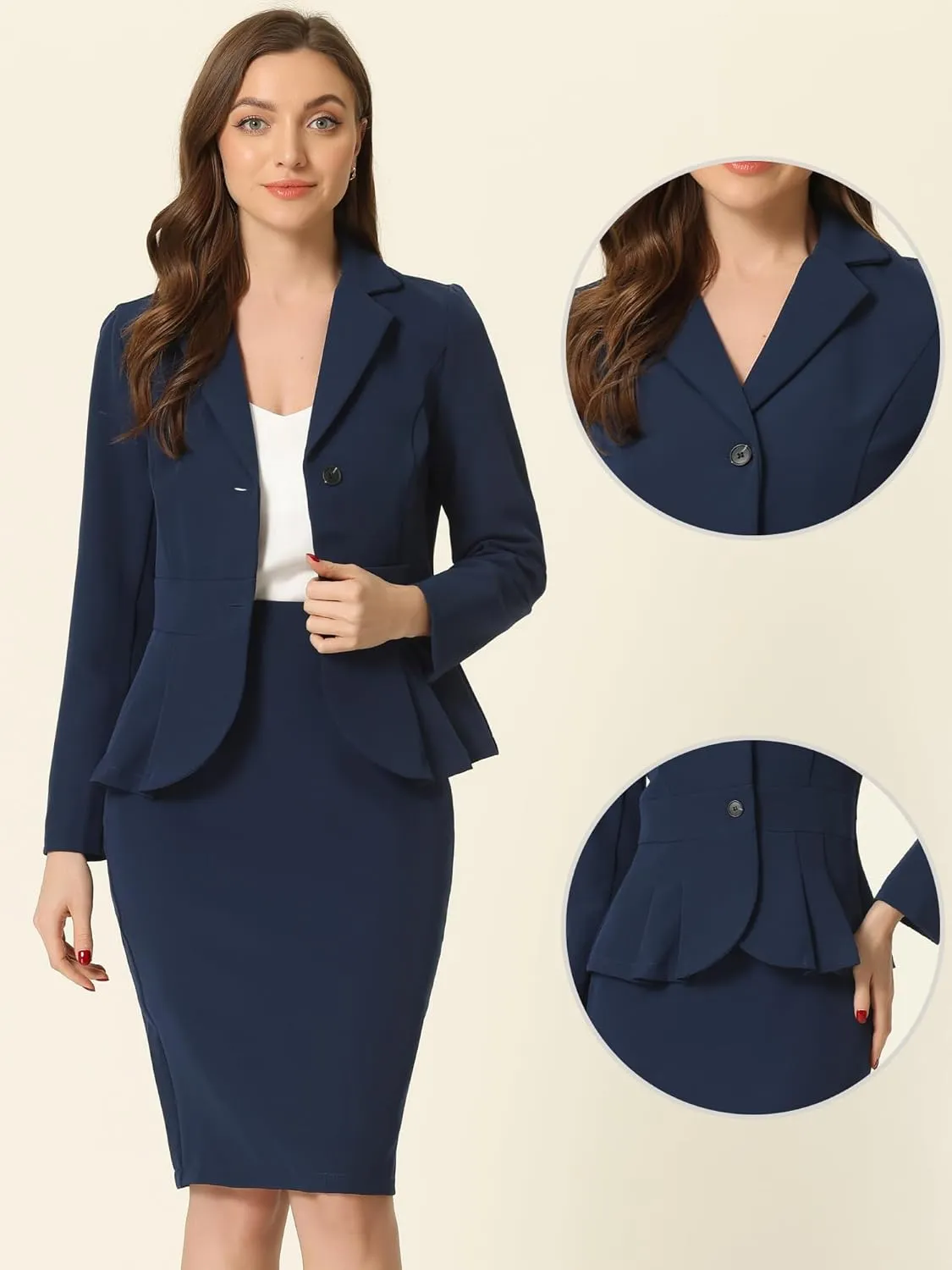 Allegra K Skirt Suit Sets for Women's 2 Piece Formal Office Notched Lapel Peplum Jacket Blazer Pencil Skirts Set