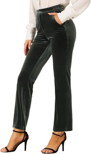 Allegra K Velvet Elegant High Waist Trousers for Women's Pockets Work Ankle Pants