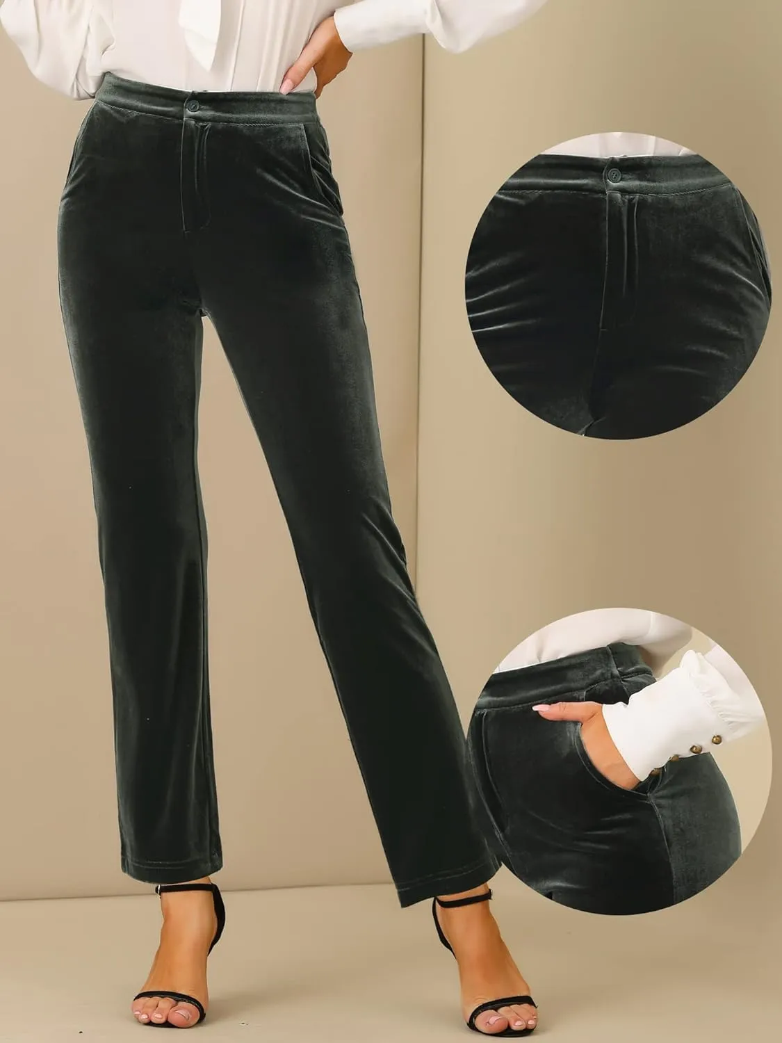Allegra K Velvet Elegant High Waist Trousers for Women's Pockets Work Ankle Pants