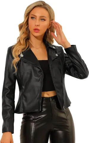 Allegra K Women's Moto Biker Zipper Long Sleeve PU Faux Leather Jacket