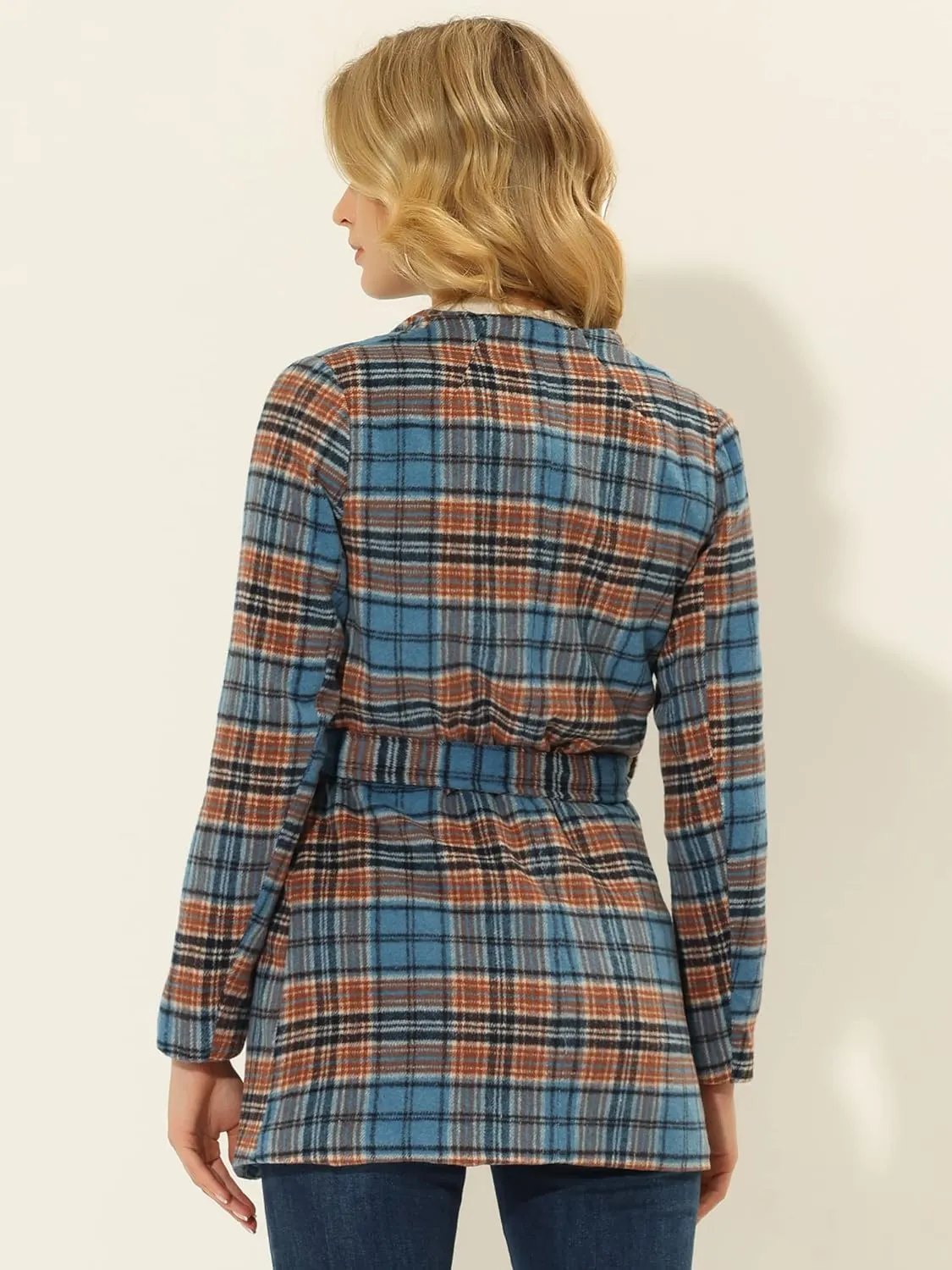 Allegra K Women's Plaid Belted Wrap Overcoat Shawl Collar Asymmetric Hem Fall Winter Coat