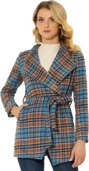 Allegra K Women's Plaid Belted Wrap Overcoat Shawl Collar Asymmetric Hem Fall Winter Coat