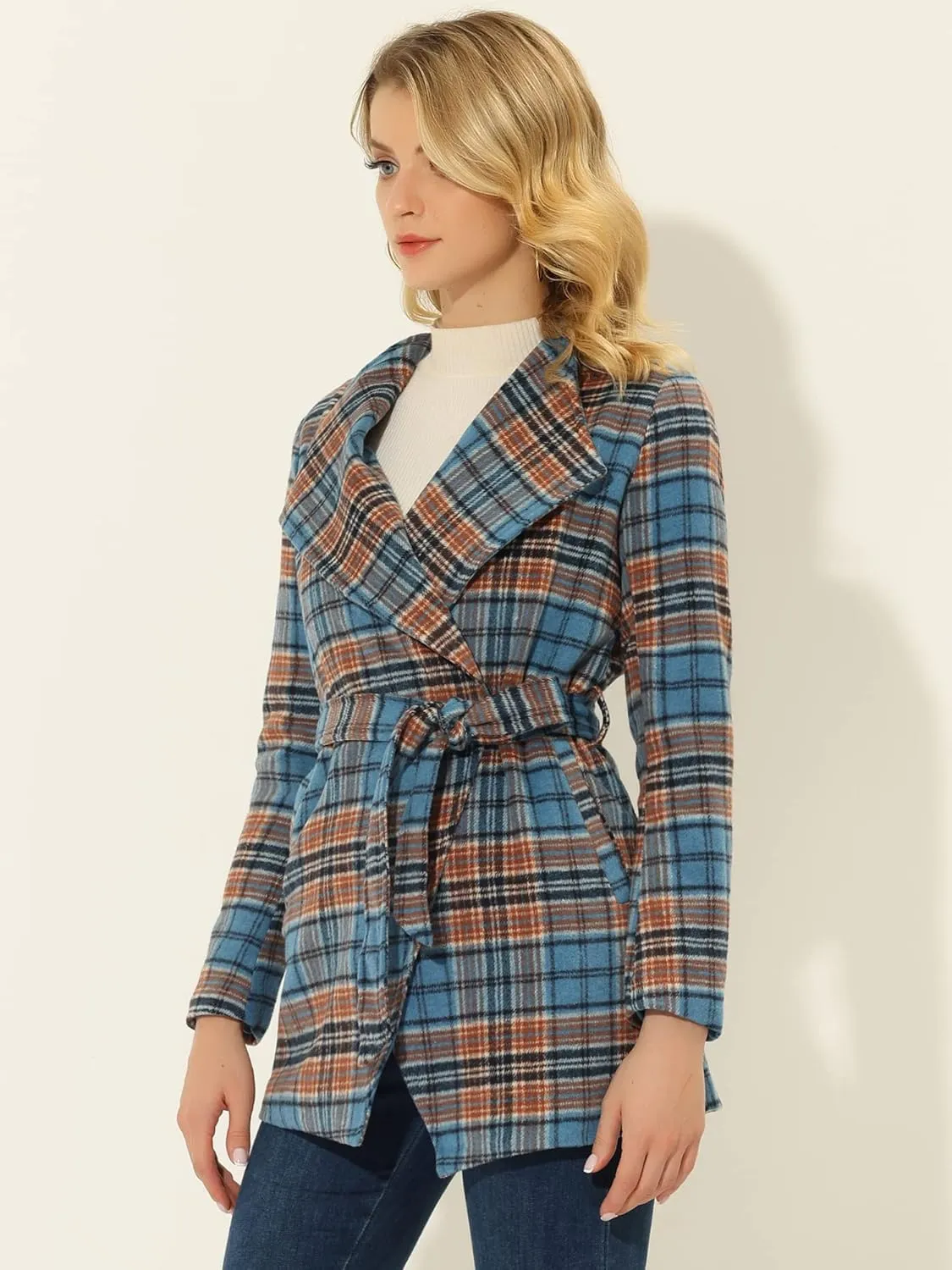 Allegra K Women's Plaid Belted Wrap Overcoat Shawl Collar Asymmetric Hem Fall Winter Coat
