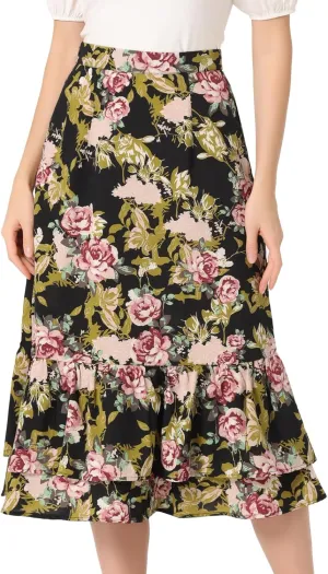Allegra K Women's Printed Skirt 2025 Trendy Spring Summer Chiffon Elastic Ruffle Tiered Flowy Midi Skirts