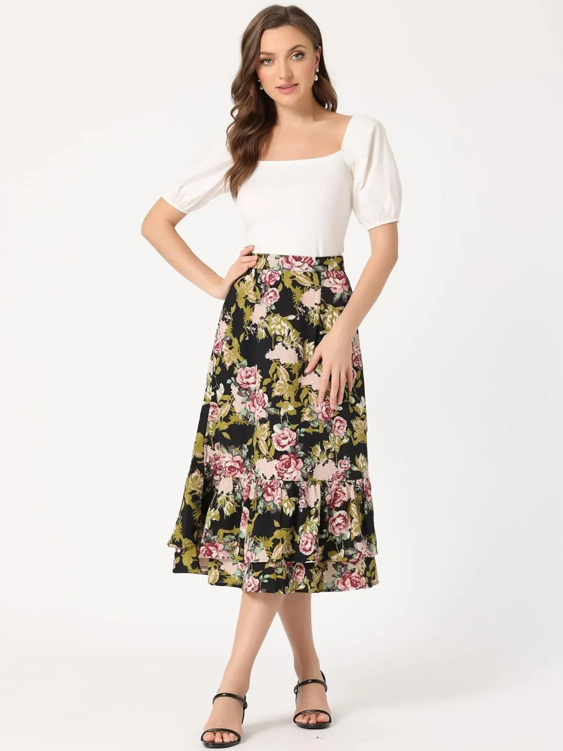 Allegra K Women's Printed Skirt 2025 Trendy Spring Summer Chiffon Elastic Ruffle Tiered Flowy Midi Skirts