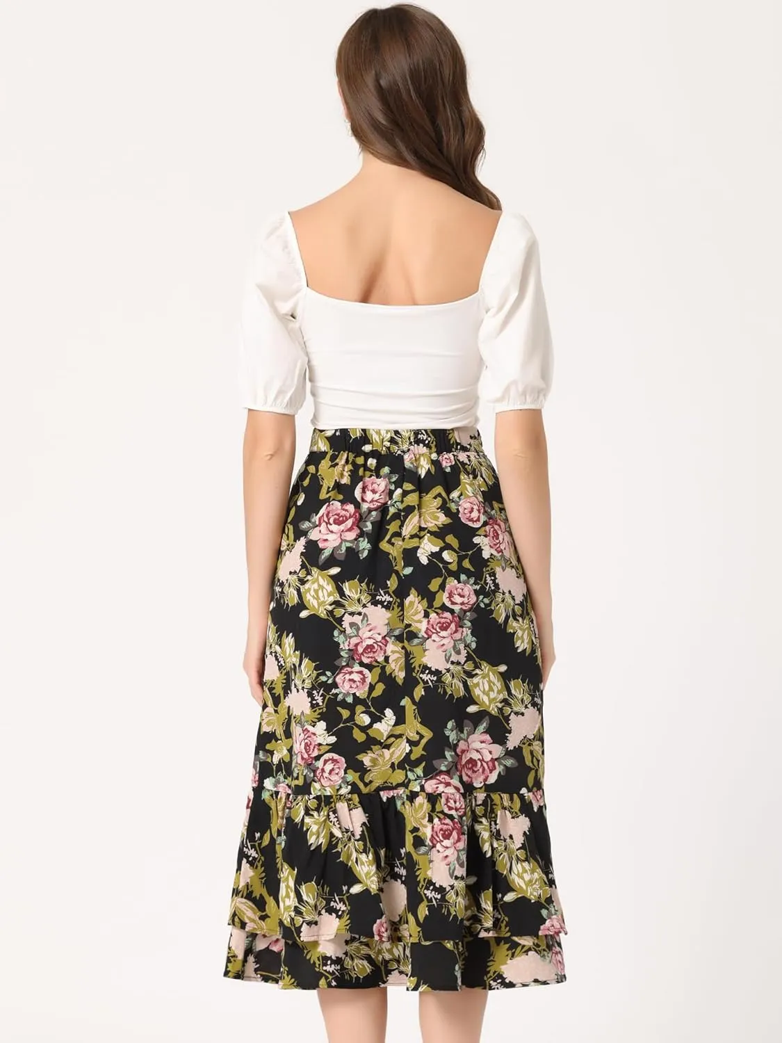 Allegra K Women's Printed Skirt 2025 Trendy Spring Summer Chiffon Elastic Ruffle Tiered Flowy Midi Skirts