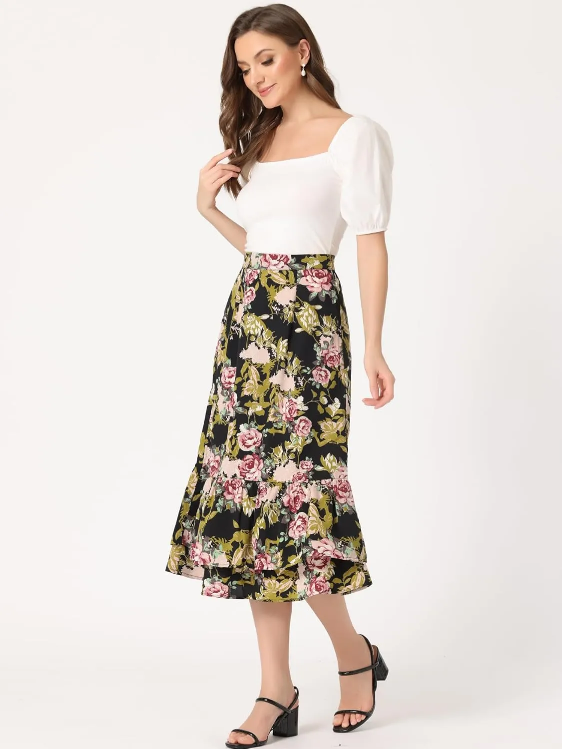 Allegra K Women's Printed Skirt 2025 Trendy Spring Summer Chiffon Elastic Ruffle Tiered Flowy Midi Skirts