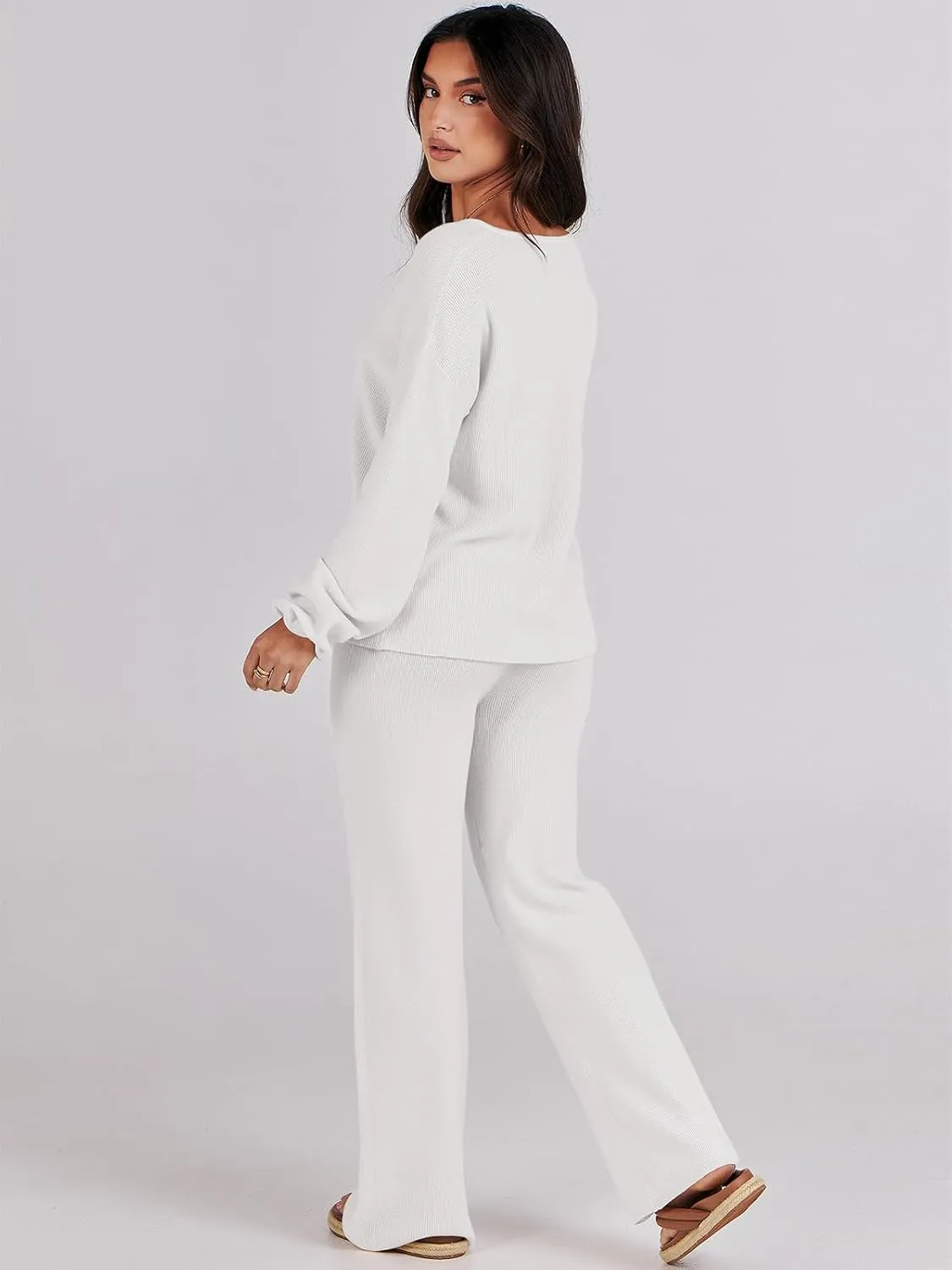 ANRABESS Women 2 Piece Outfits Sweater Lounge Sets Long Sleeve Cable Knit Pullover and Wide Leg Pants Tracksuit Matching Set