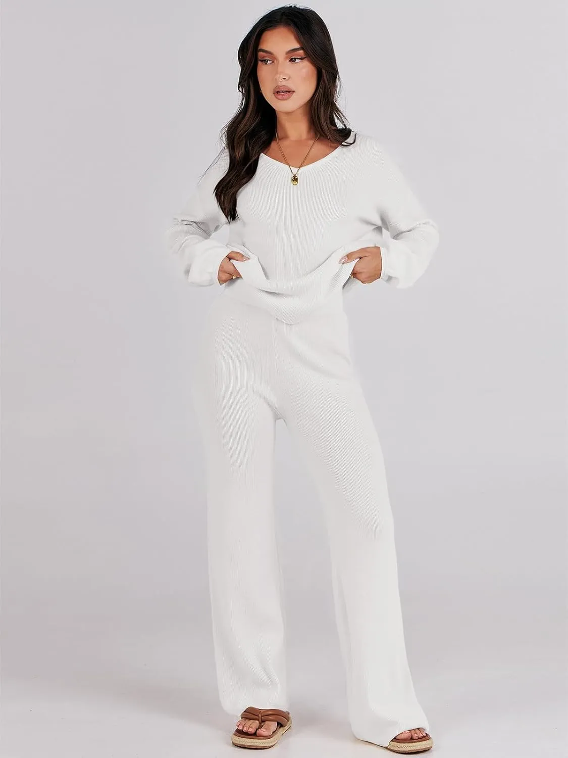 ANRABESS Women 2 Piece Outfits Sweater Lounge Sets Long Sleeve Cable Knit Pullover and Wide Leg Pants Tracksuit Matching Set