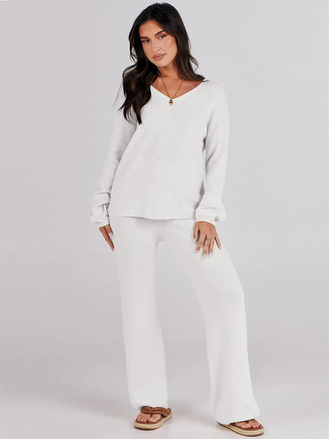 ANRABESS Women 2 Piece Outfits Sweater Lounge Sets Long Sleeve Cable Knit Pullover and Wide Leg Pants Tracksuit Matching Set