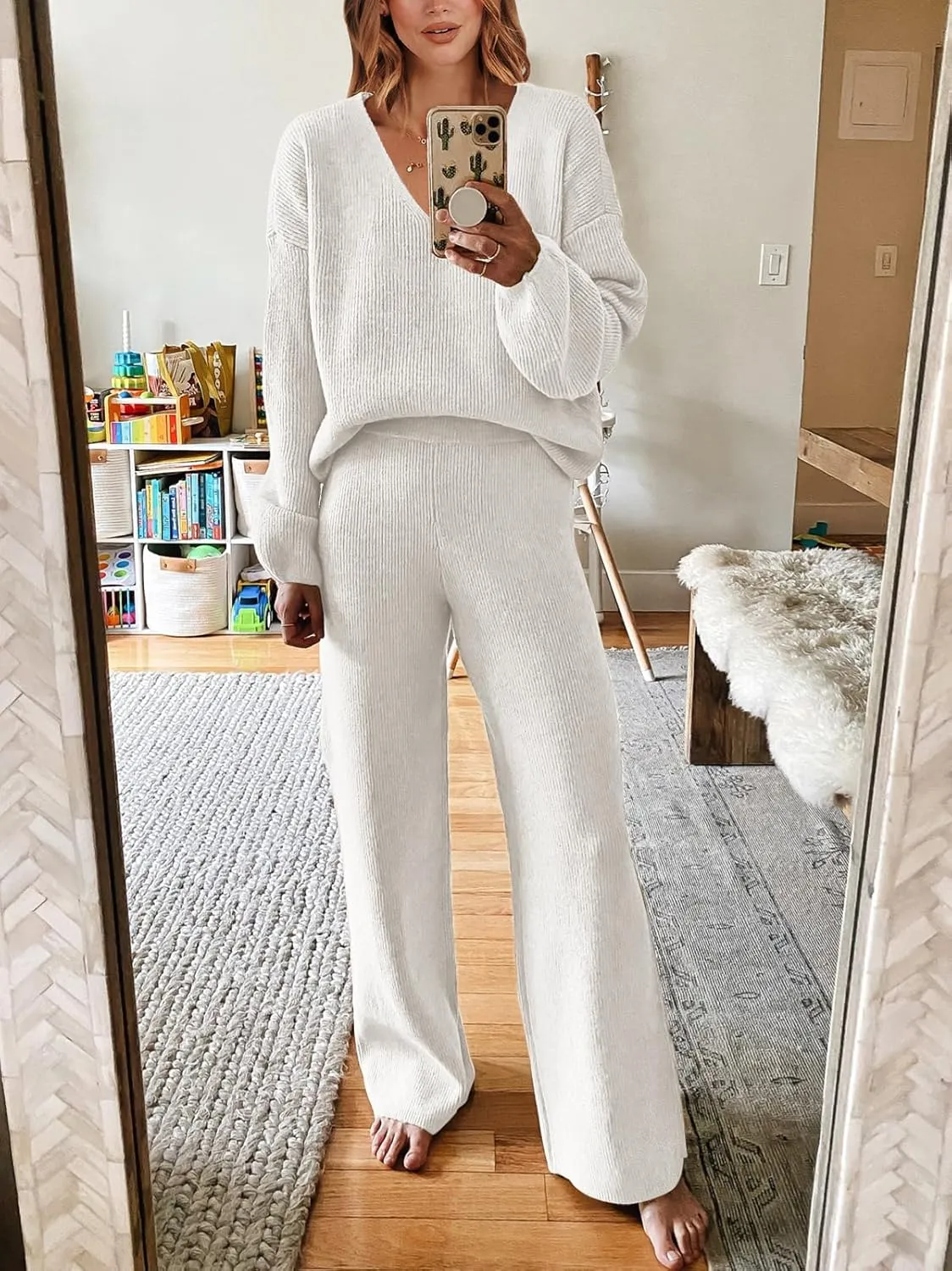 ANRABESS Women 2 Piece Outfits Sweater Lounge Sets Long Sleeve Cable Knit Pullover and Wide Leg Pants Tracksuit Matching Set