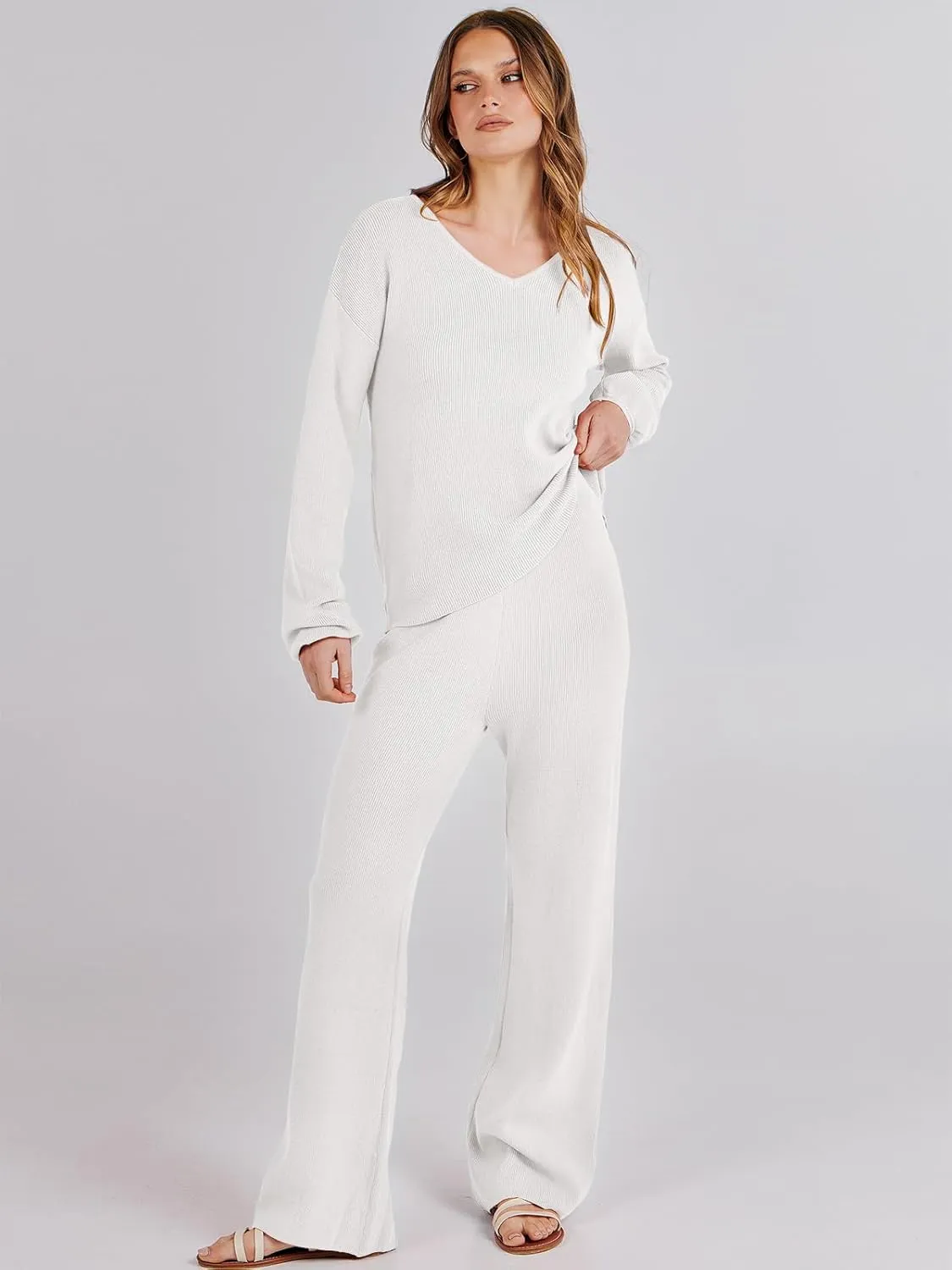 ANRABESS Women 2 Piece Outfits Sweater Lounge Sets Long Sleeve Cable Knit Pullover and Wide Leg Pants Tracksuit Matching Set