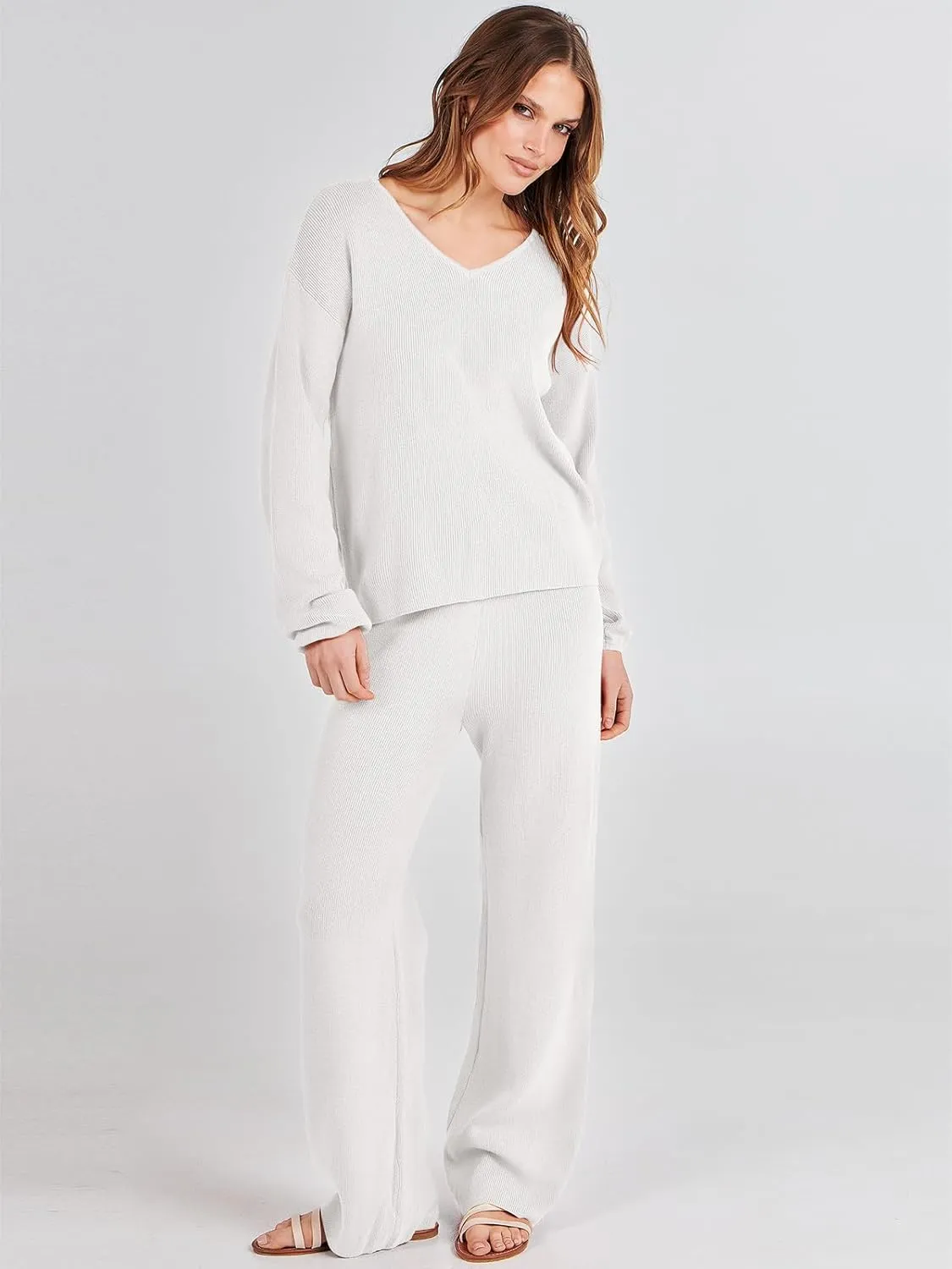 ANRABESS Women 2 Piece Outfits Sweater Lounge Sets Long Sleeve Cable Knit Pullover and Wide Leg Pants Tracksuit Matching Set