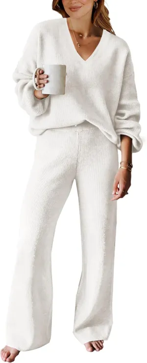 ANRABESS Women 2 Piece Outfits Sweater Lounge Sets Long Sleeve Cable Knit Pullover and Wide Leg Pants Tracksuit Matching Set