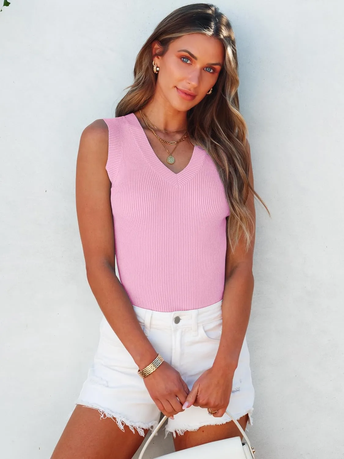 ANRABESS Women's Sleeveless Sweater Vest Summer V Neck Ribbed Knit Slim Fit Tank Tops 2025 Trendy Spring Outfits