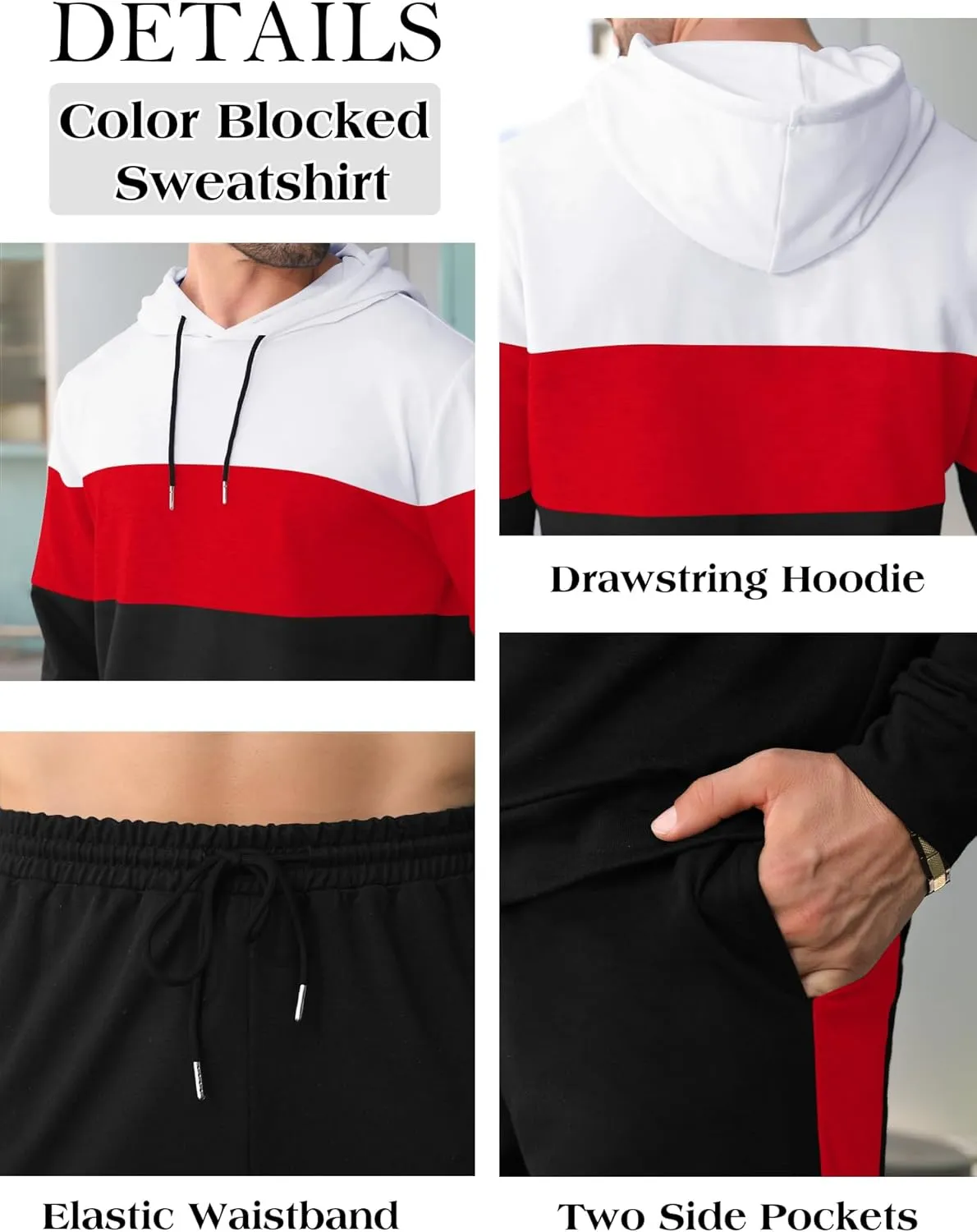 Babioboa Men's Tracksuit 2 Piece Color Block Hoodie Set Pullover Sweatshirt and Jogging Sweatpants Athletic Sweatsuits Set