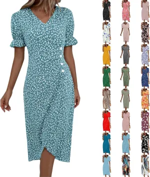 Beach Dresses for Women,2025 Spring Trendy Floral Boho Dress,Elegant V Neck Short Sleeve Irregular Hem Midi Dress