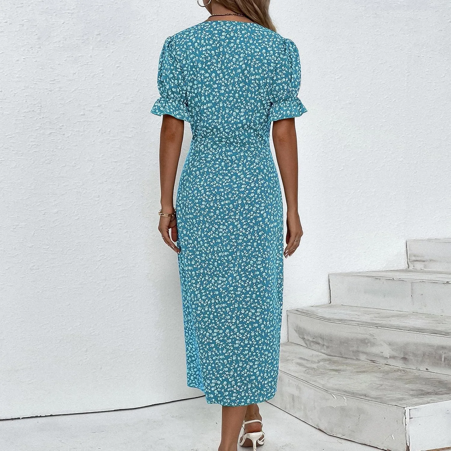 Beach Dresses for Women,2025 Spring Trendy Floral Boho Dress,Elegant V Neck Short Sleeve Irregular Hem Midi Dress