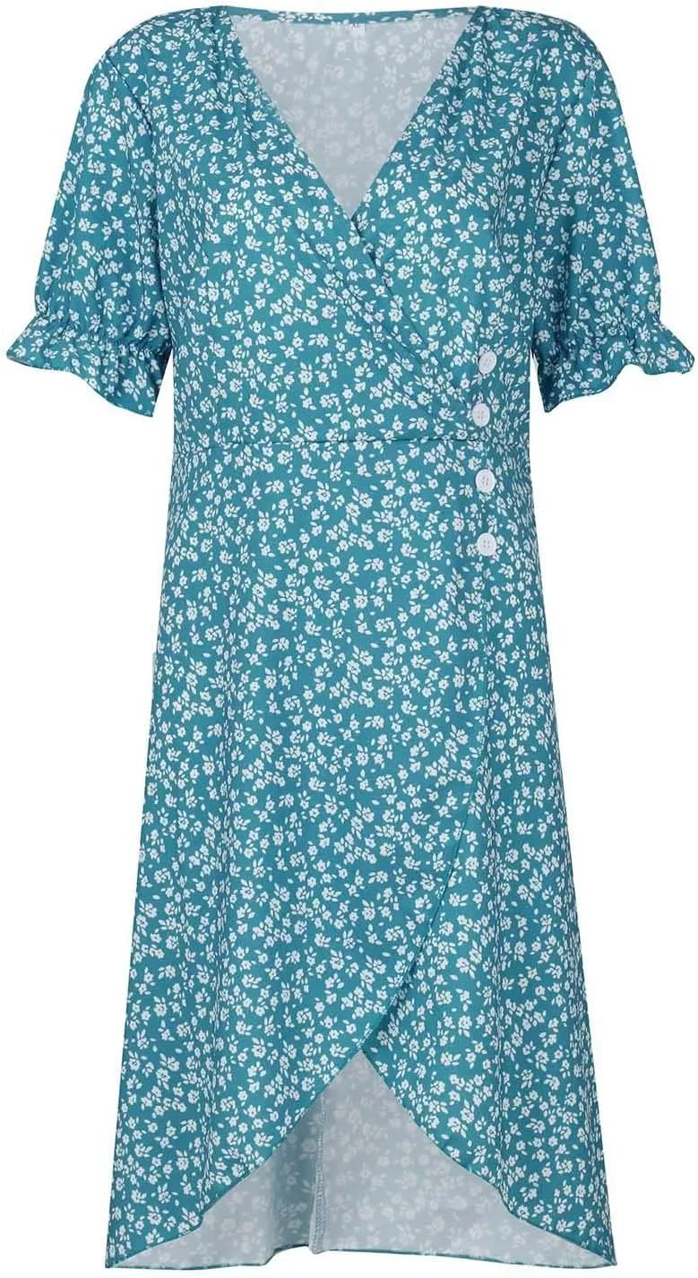 Beach Dresses for Women,2025 Spring Trendy Floral Boho Dress,Elegant V Neck Short Sleeve Irregular Hem Midi Dress