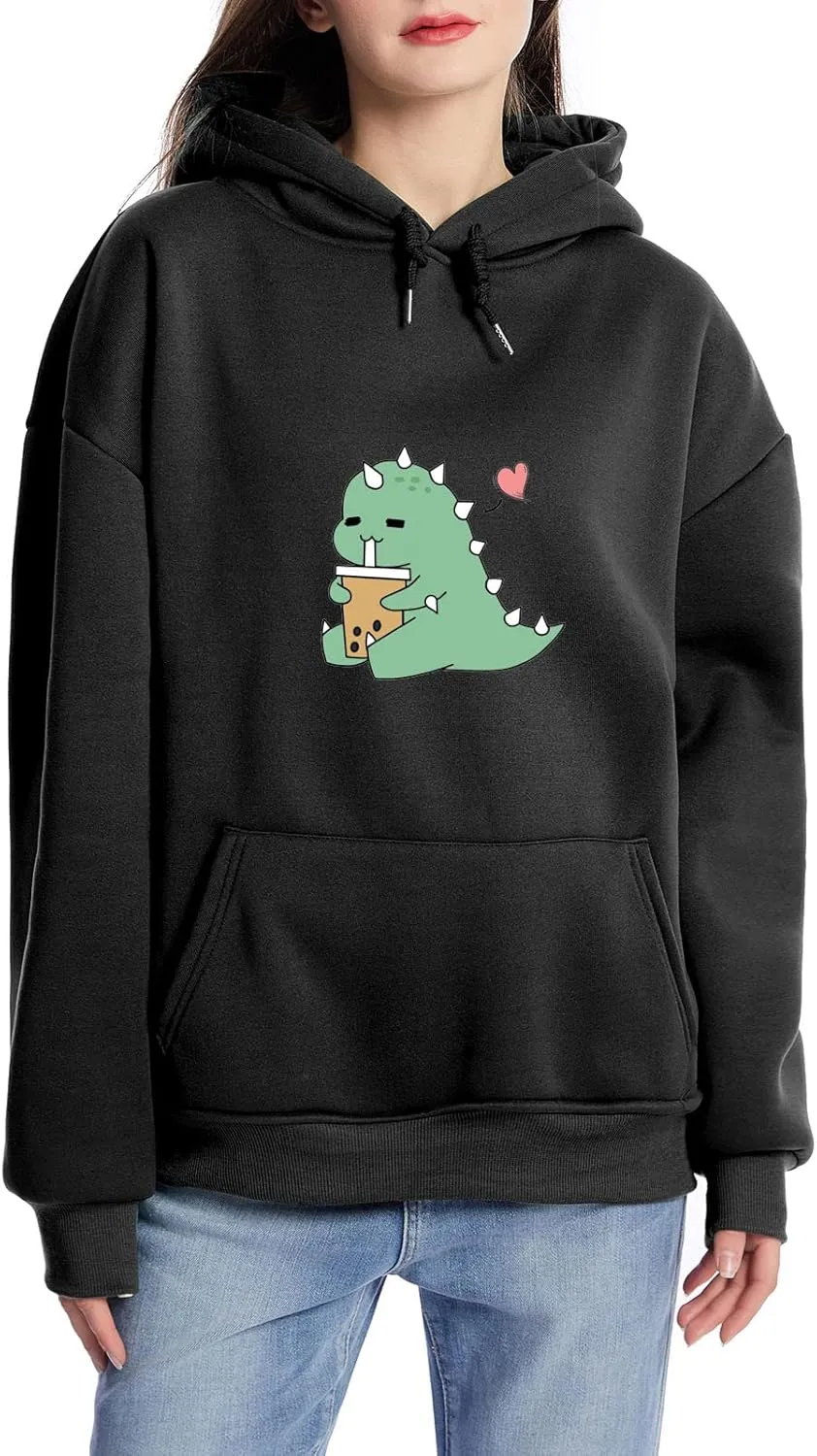 Bobeutou Cute Dinosaur Hoodie for Women Hooded Sweatshirt Long Sleeve Hoodies for Teen Girls Aesthetic Tops with Pocket