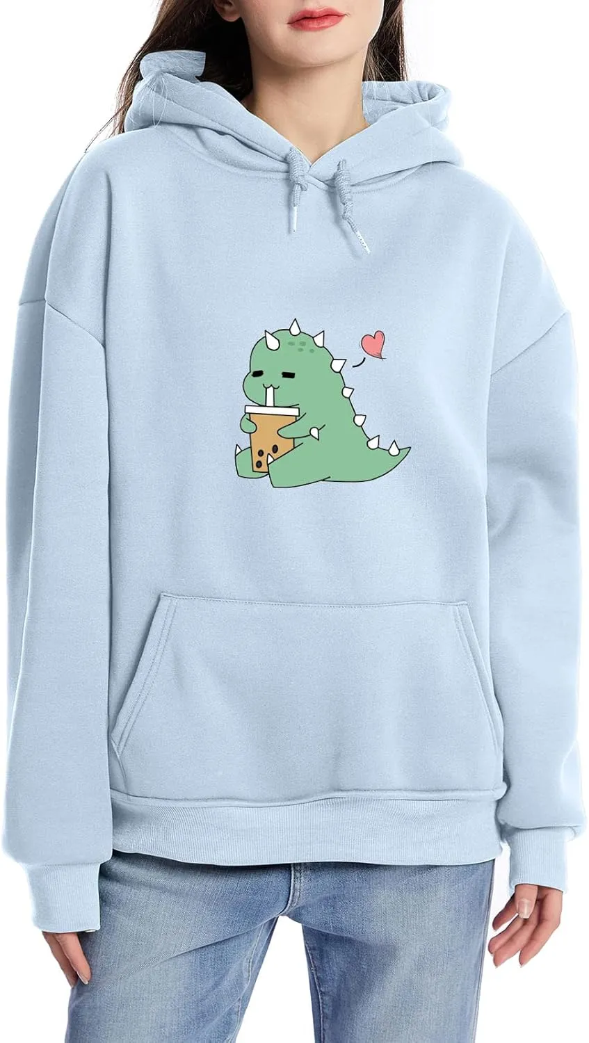 Bobeutou Cute Dinosaur Hoodie for Women Hooded Sweatshirt Long Sleeve Hoodies for Teen Girls Aesthetic Tops with Pocket