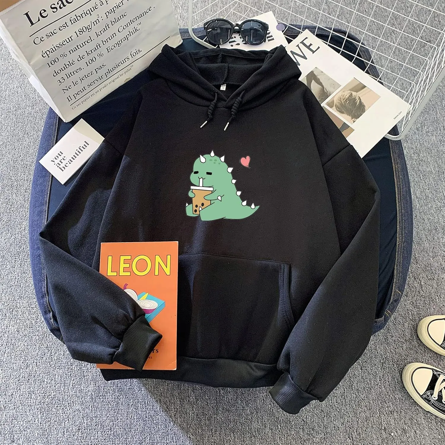 Bobeutou Cute Dinosaur Hoodie for Women Hooded Sweatshirt Long Sleeve Hoodies for Teen Girls Aesthetic Tops with Pocket