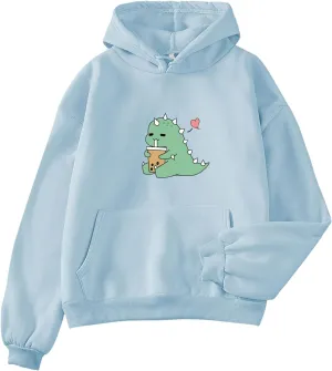 Bobeutou Cute Dinosaur Hoodie for Women Hooded Sweatshirt Long Sleeve Hoodies for Teen Girls Aesthetic Tops with Pocket
