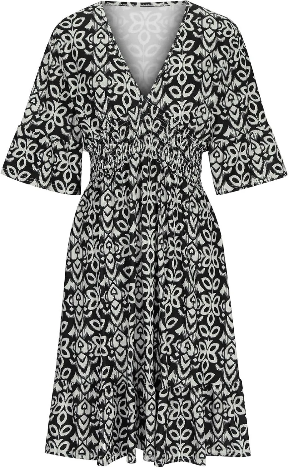 Bohemian Summer Dresses for Women 2024 Flowy 3/4 Sleeve V Neck Boho Floral Print Sun Dresses Trendy Vacation Clothes