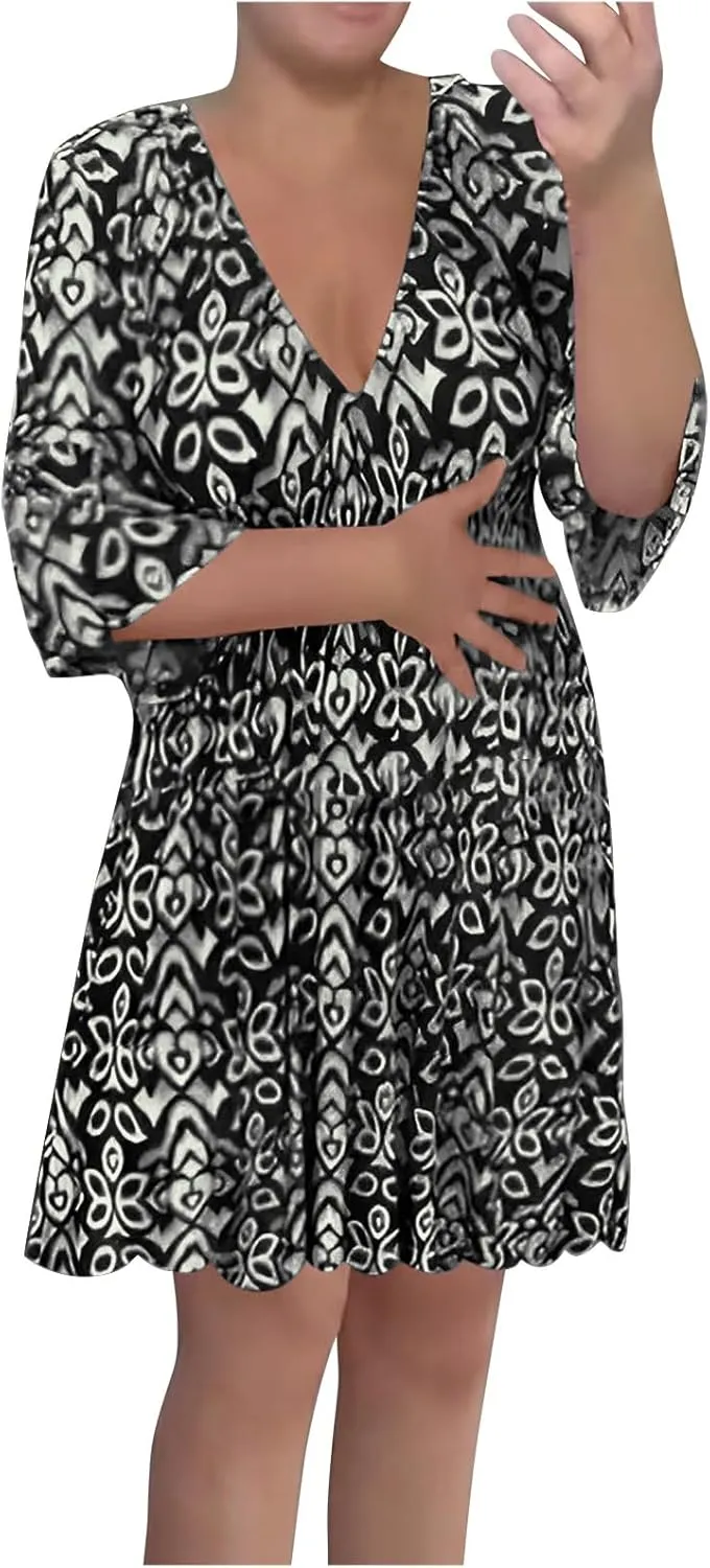 Bohemian Summer Dresses for Women 2024 Flowy 3/4 Sleeve V Neck Boho Floral Print Sun Dresses Trendy Vacation Clothes