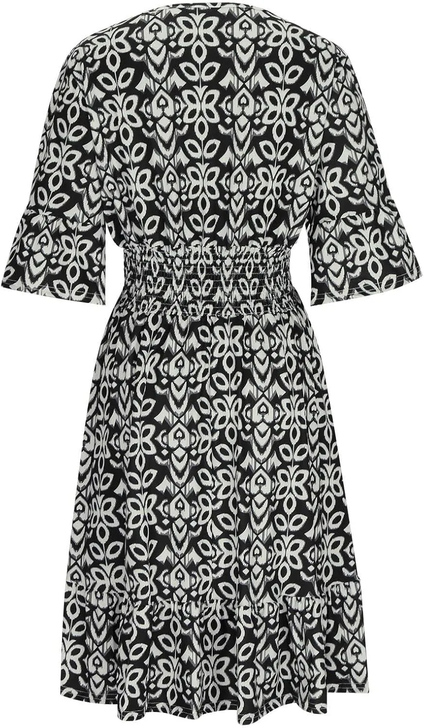 Bohemian Summer Dresses for Women 2024 Flowy 3/4 Sleeve V Neck Boho Floral Print Sun Dresses Trendy Vacation Clothes