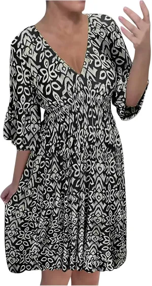 Bohemian Summer Dresses for Women 2024 Flowy 3/4 Sleeve V Neck Boho Floral Print Sun Dresses Trendy Vacation Clothes