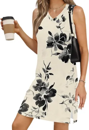 Boho Sundresses for Women 2025 V Neck Aztec Print Knee Length Tank Dress Loose Fit Mini Shift Dress Casual Summer