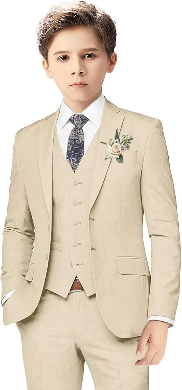 Boys Linen Suits for Kids Summer Slim Fit 3 Piece Beach Wedding Outfit Light Weight Tuxedo Linen Suit Set