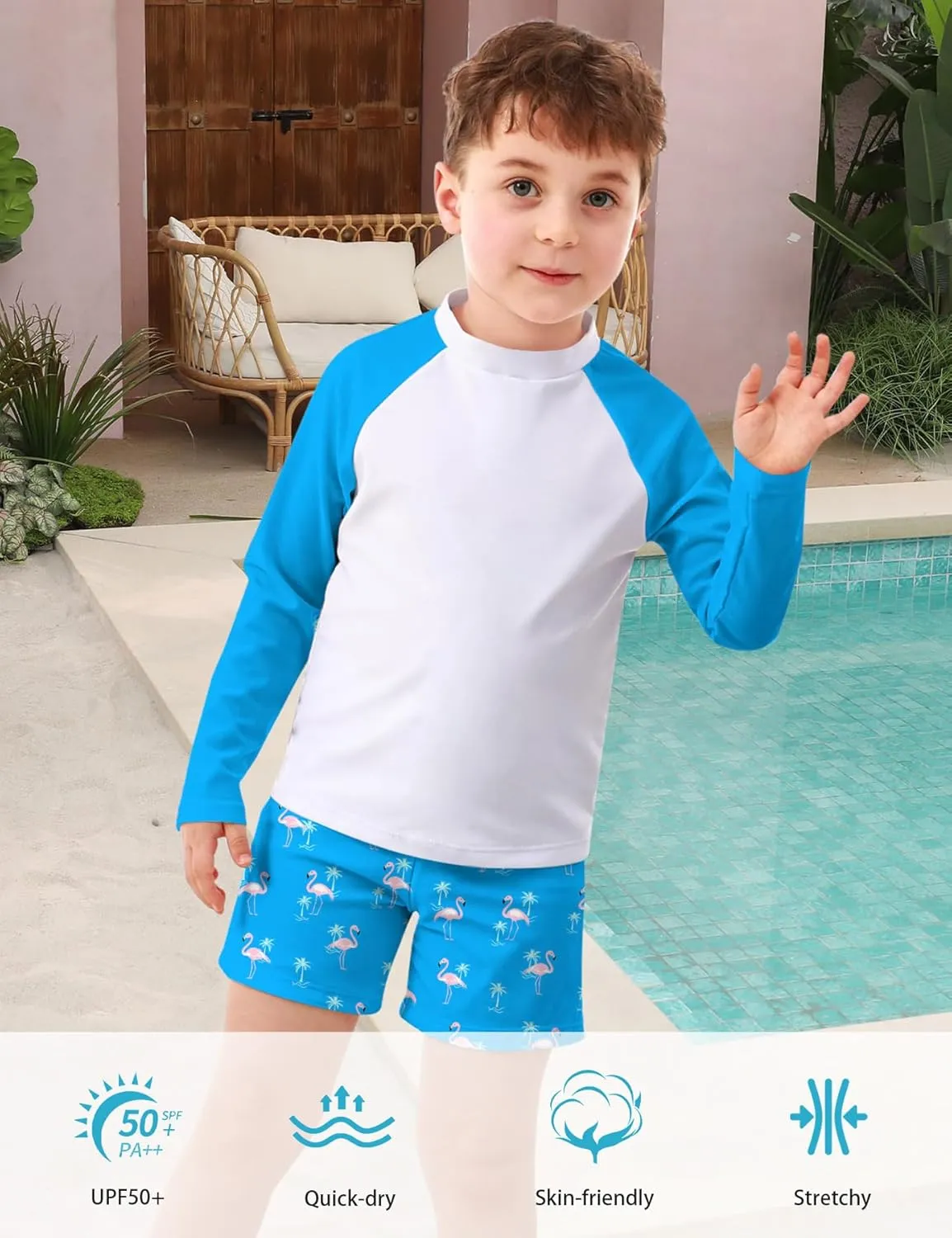 Boys Long Sleeve Rash Guard Swimsuit Kids 2-Pieces Bathing Suits Set