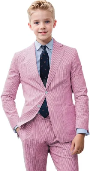 Boys Seersucker Suit 2 Piece Slim Fit Summer Beach Wedding Outfit Kids Blazer Jacket Dressing Pants Suits for Toddler Teenage