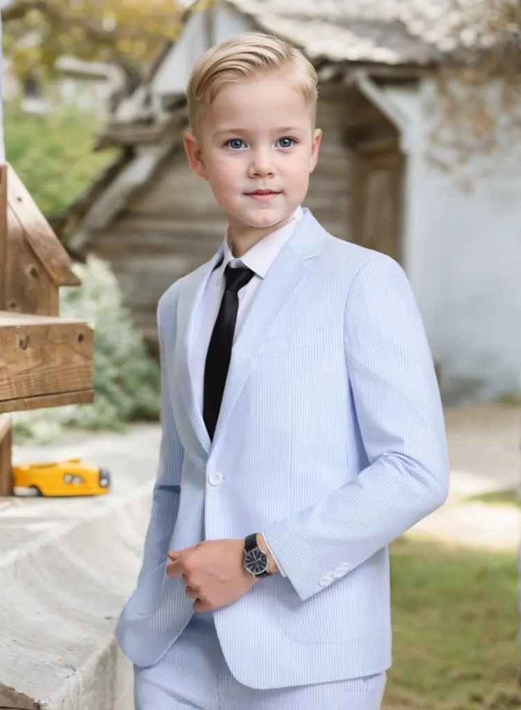 Boys Seersucker Suit 2 Piece Slim Fit Summer Beach Wedding Outfit Kids Blazer Jacket Dressing Pants Suits for Toddler Teenage