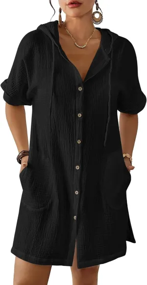 Bsubseach Cotton Swimsuit Cover Up For Women 2025 Button Down Hooded Shirt Short Sleeve Beach Cover Ups With Pockets