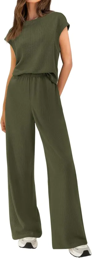 BTFBM Women Two Piece Outfits Summer Short Sleeve Knit Tops Wide Leg Pants Lounge Matching Sets Sweatsuit Airport
