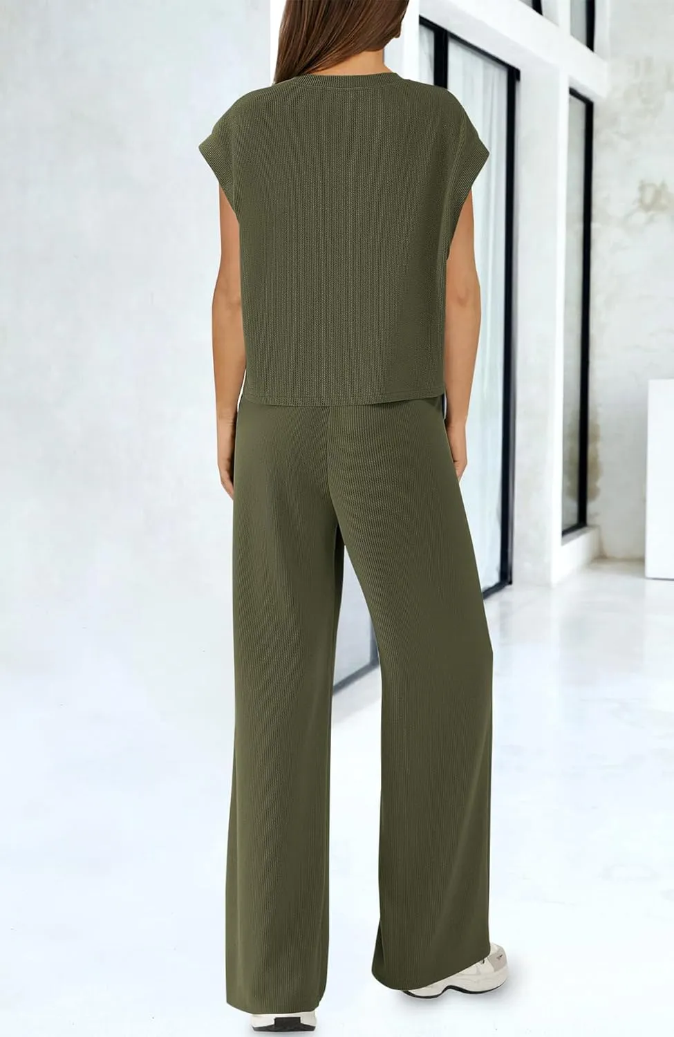 BTFBM Women Two Piece Outfits Summer Short Sleeve Knit Tops Wide Leg Pants Lounge Matching Sets Sweatsuit Airport