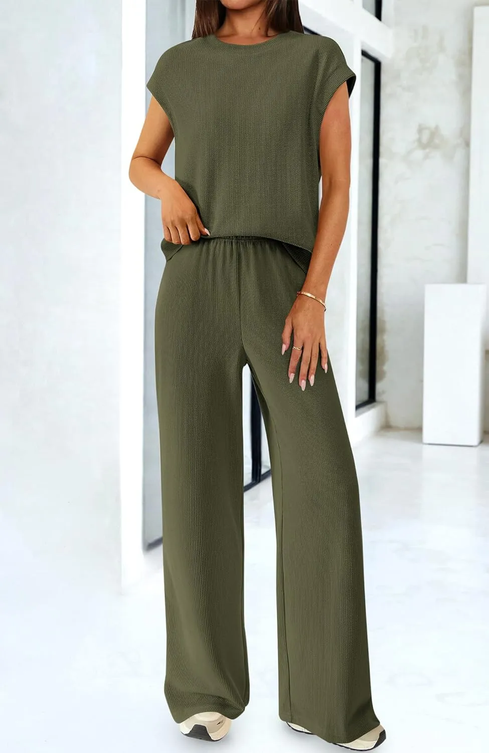 BTFBM Women Two Piece Outfits Summer Short Sleeve Knit Tops Wide Leg Pants Lounge Matching Sets Sweatsuit Airport