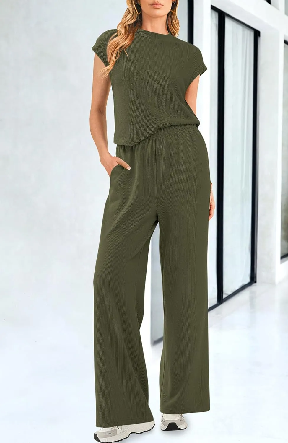 BTFBM Women Two Piece Outfits Summer Short Sleeve Knit Tops Wide Leg Pants Lounge Matching Sets Sweatsuit Airport