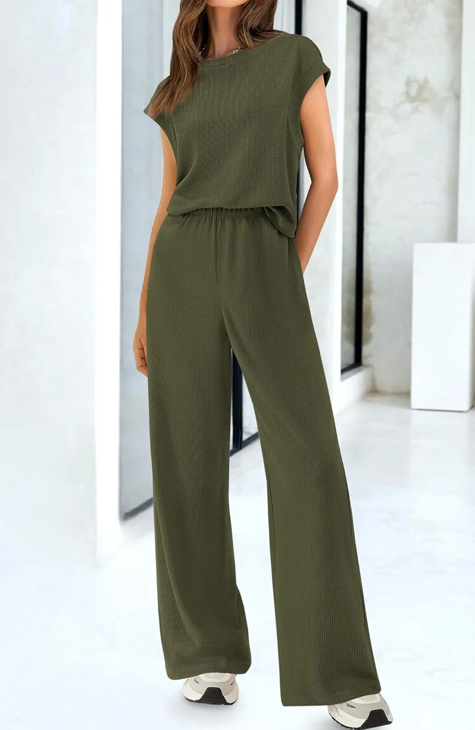 BTFBM Women Two Piece Outfits Summer Short Sleeve Knit Tops Wide Leg Pants Lounge Matching Sets Sweatsuit Airport